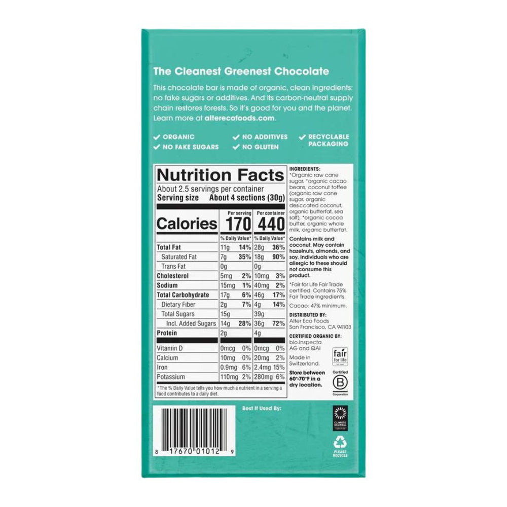 Alter Eco Organic Chocolate Dark Salted Coconut Toffee (80g)