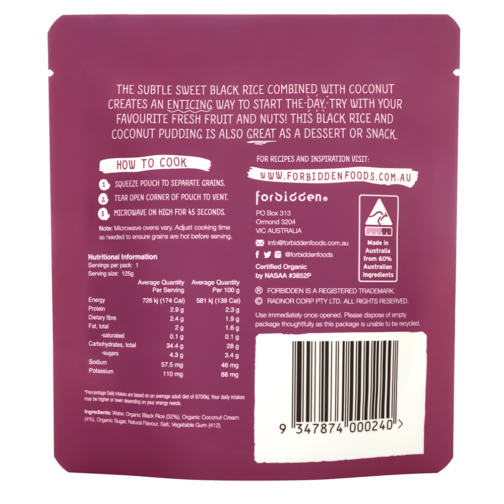 Forbidden Foods Brekky Rice - Black Rice & Coconut Organic Instant Rice Pudding (125g)
