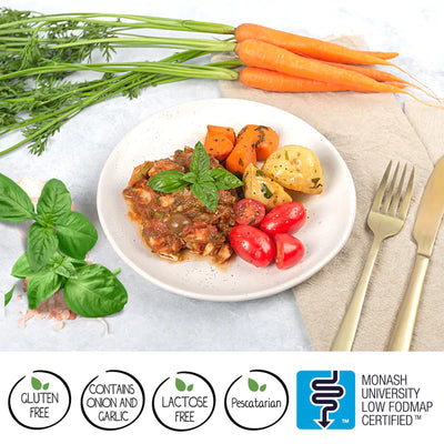 We Feed You Fish in Tomato, Basil & Green Olive Sauce w/ Roast Potatoes (350g) - FROZEN VIC PICKUP